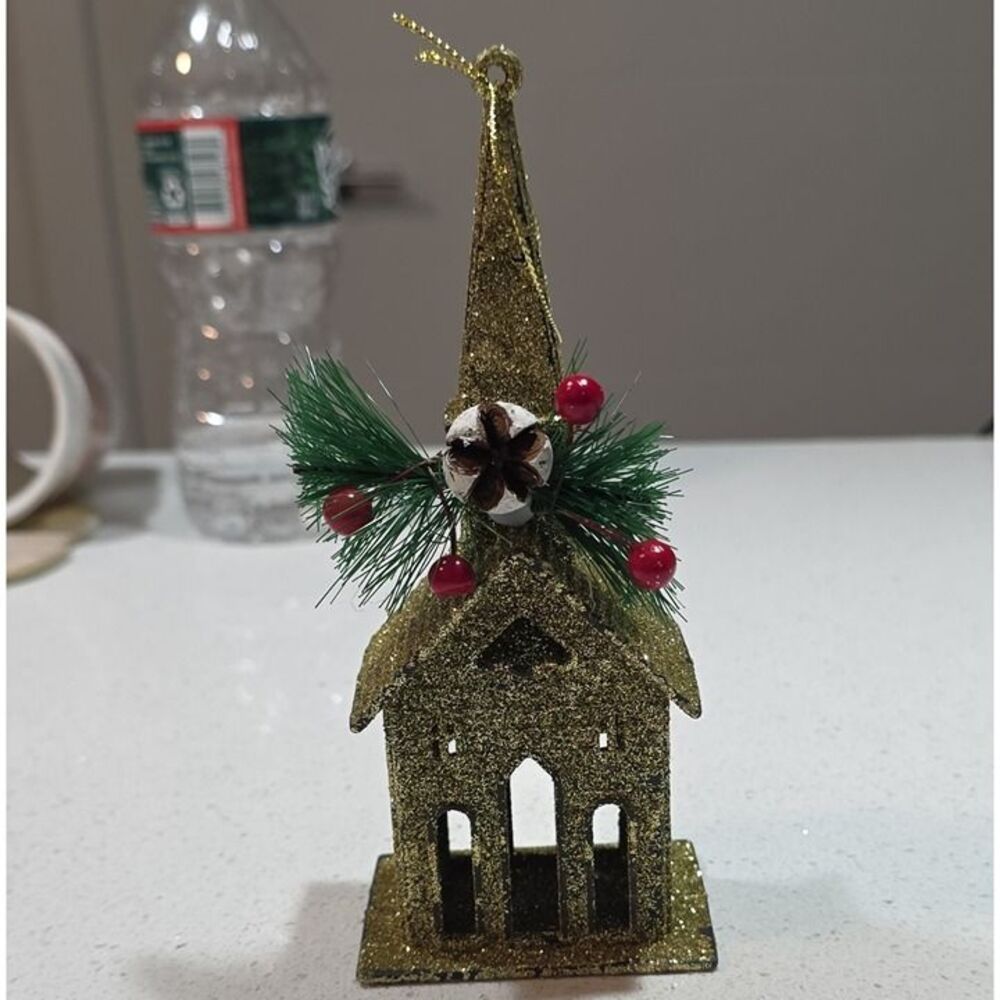 Glitter Church Christmas Hanging Ornament Gold Metal Red Berries